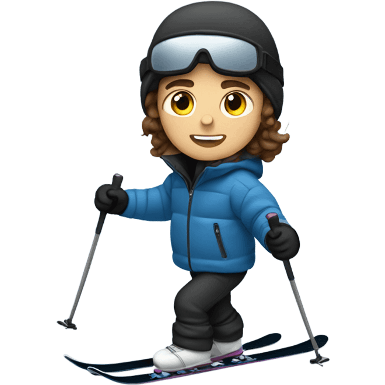 1 white Boy with wavy brown hair skiing with blue skis. He is wearing all black snow pants and a gray jacket   emoji