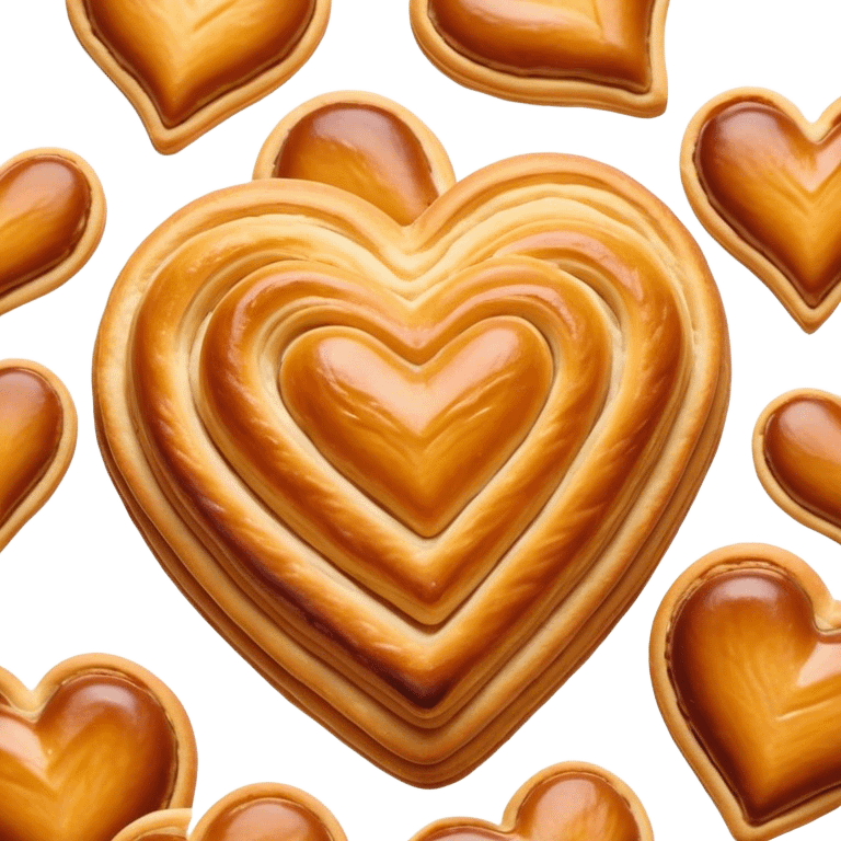 Cinematic crisp palmier, golden-brown heart-shaped pastries, perfectly caramelized layers, delicate and flaky, warm glowing background, inviting and delicious. emoji