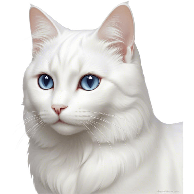 Cinematic Noble White Cat Portrait Emoji, Poised and stately, with a pristine, snow-white fur accented by delicate hints of silver, refined whiskers and a serene, focused gaze, simplified yet impeccably detailed, glowing with an ethereal radiance and timeless elegance, high shine, exuding calm intelligence and regal simplicity, soft glowing outline, capturing the essence of a noble white cat that radiates quiet majesty! emoji