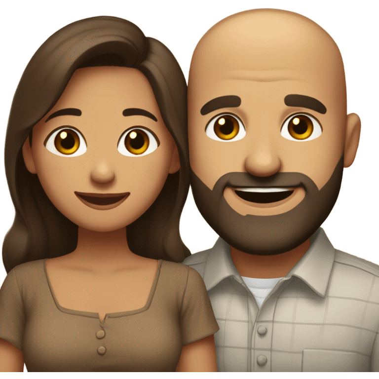 Brown-haired Puerto Rican woman with dark brown eyes wearing a cute blouse giving comforting hug to short, bald man with brown eyes, laugh lines, and a beard emoji