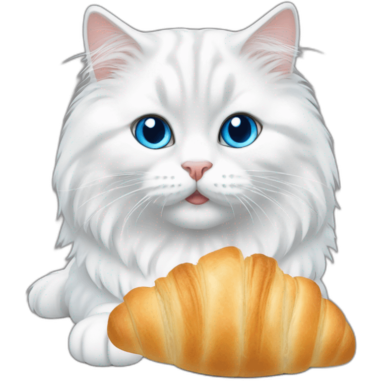 blue eyes white siberian cat eating croissant emoji