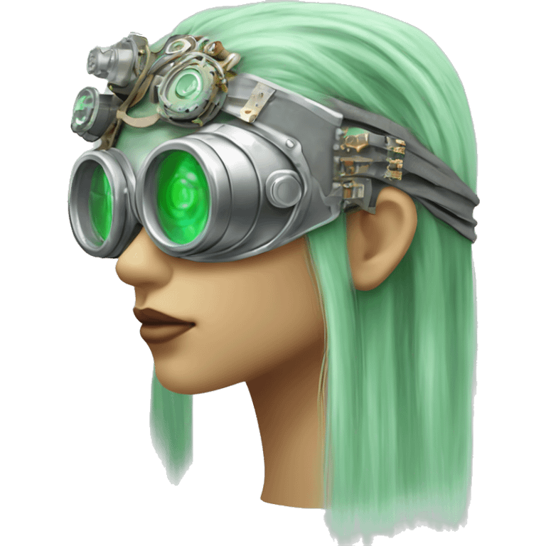 Light green long hair female cyborg head with silver steampunk goggles as a headband, circuits emoji