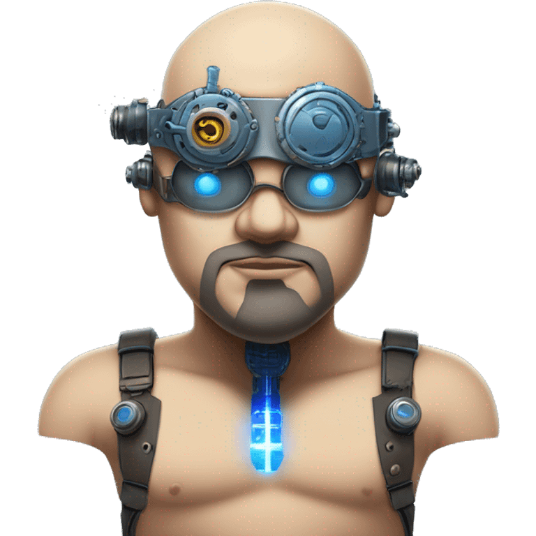 Fat bald cyborg head with tan skin, blue beard, blue steampunk goggles and circuits emoji