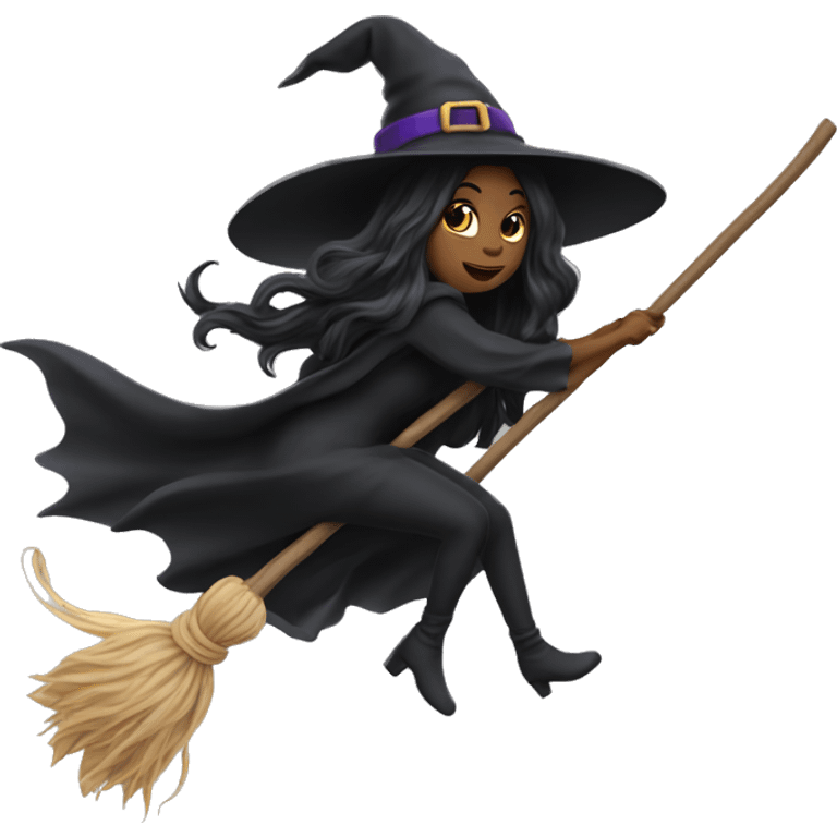 dark long hair witch flying on a broom white skin emoji