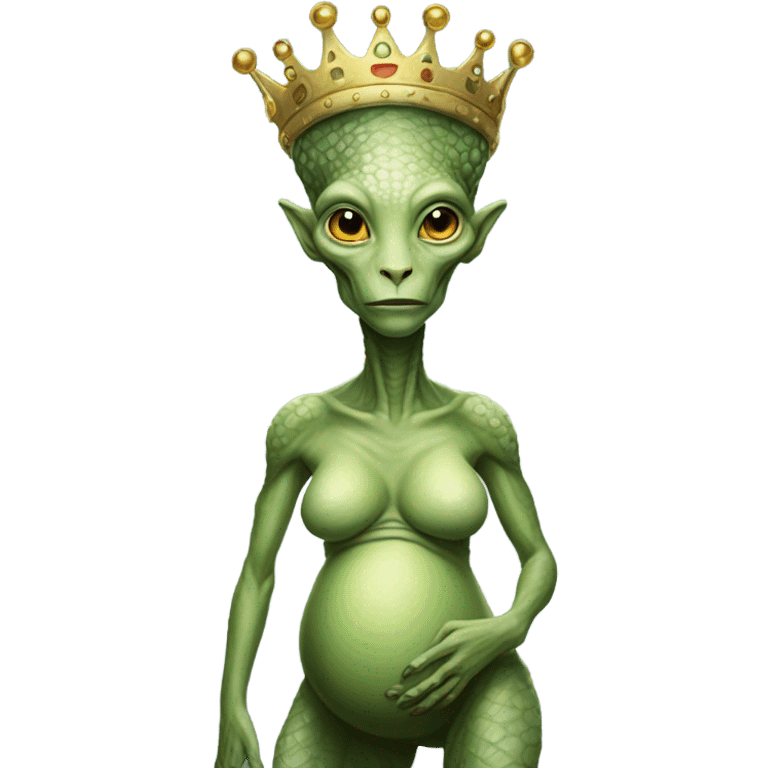 Pregnant reptilian alien woman, full body, have a crown emoji