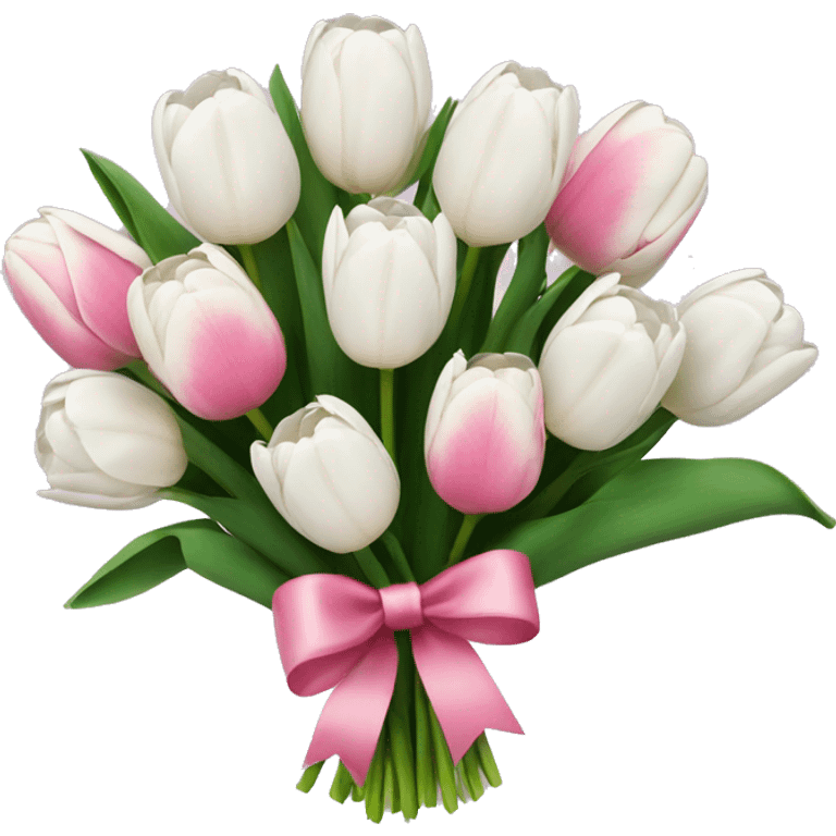 bouquet of white tulips and some pink tulips with a bow around it emoji