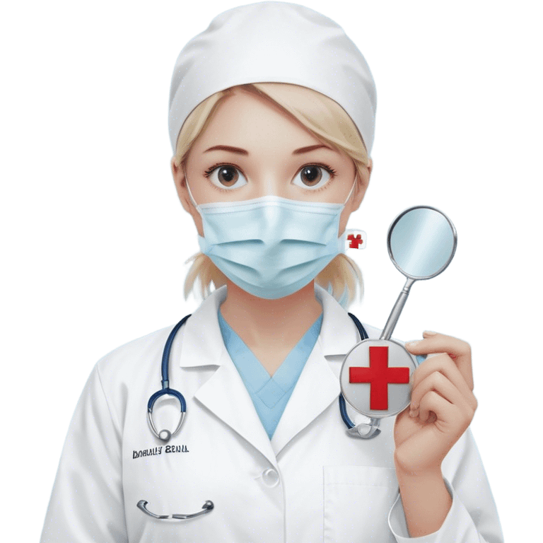 A minimalistic bust of a dentist wearing a white medical coat over a light blue scrub top. A simple white surgical mask covers the lower half of the face, leaving expressive yet simplified eyes visible. A small red cross emblem is subtly placed on the coat. The dentist holds a tiny, minimalistic dental mirror or tool in one hand. Behind the figure, a subtle abstract symbol, like a tooth icon or a heartbeat line, reinforces the dental theme. The design is sleek and modern, with smooth lines and soft shading, following a minimalist emoji style. emoji