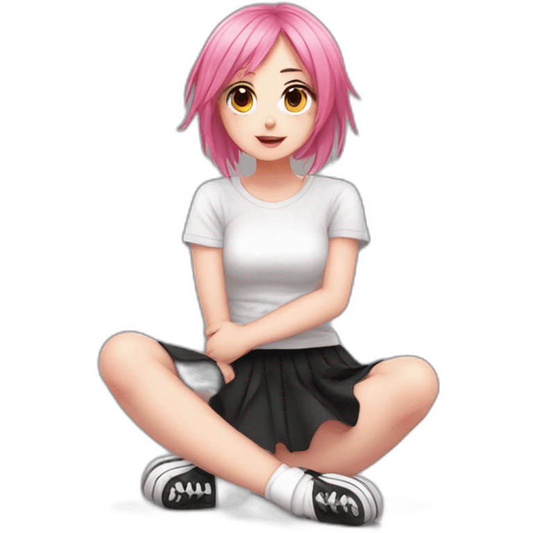 Full body Front view curvy emo girl pink hair sits on the floor straight view hands up black skirt белые трусики emoji