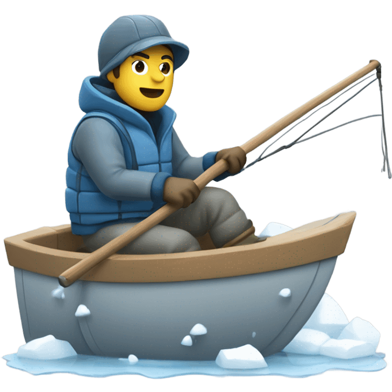 Fisherman in winter gear driving a boat on a slushy lake, pushing through ice. Apple style, side view, focused expression, blue, gray, white palette. emoji