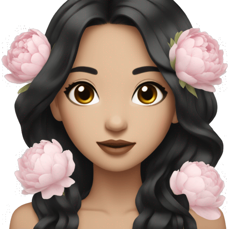 Beautiful Asian with long black hair and with white and pink peonies bouquet in hand  emoji