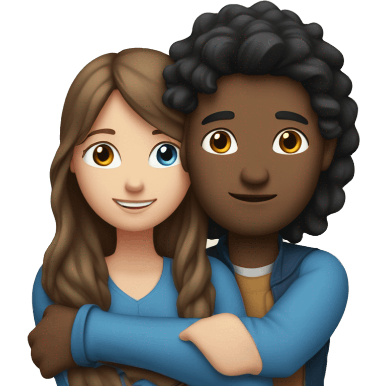 Couple embracing with arms around each other; white woman with blue eyes and brown hair, Indian man with black hair  emoji