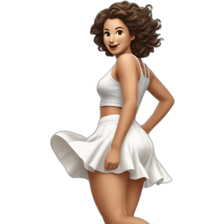 Hyperrealistic Full body Caucasian curvy beauty jumping short white skirt back and front views strong wind knickers emoji