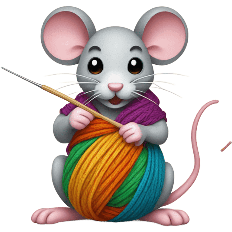 mouse with a skein of thread and a crochet hook emoji