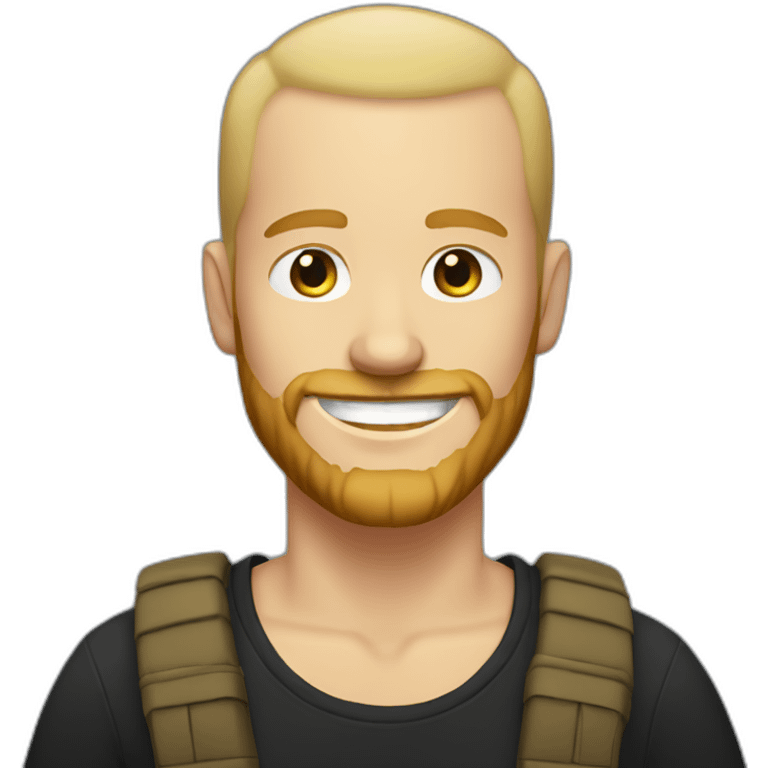 White guy, short bearded, no hair, blonde with a black t-shirt smiling emoji