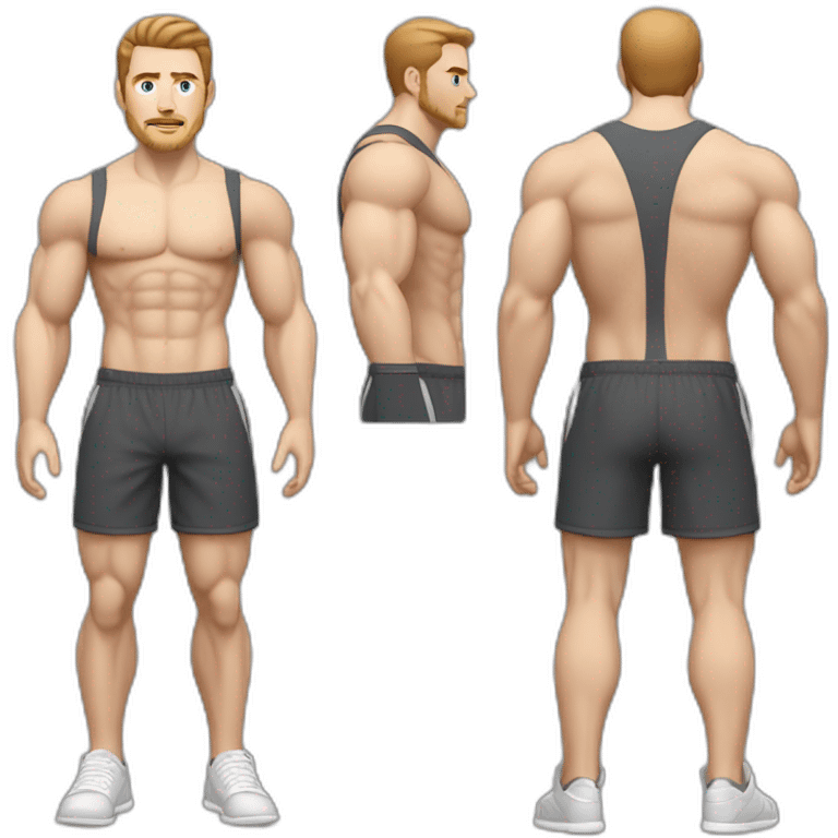 Full height Pale skinned muscular man With Realistic eyes and mouth, light brown hair and stubble In dark gray sleeveless mike, black oversize sports shorts, watch and white sneakers. emoji