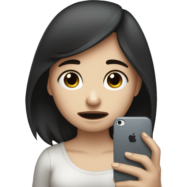 A girl with white skin and dark hair is crying, tears, holding her phone in her hand and pressing her finger on it and looking into it   emoji