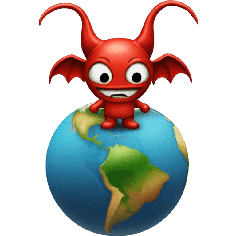 devil standing on the ground with a tiny planet earth revolving around it emoji