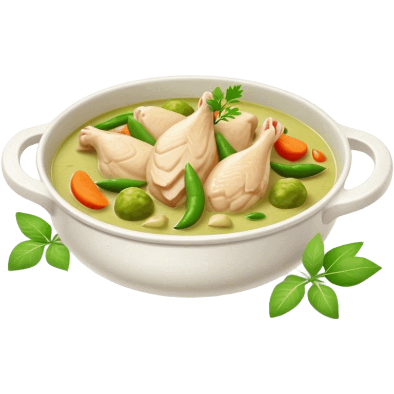 Cinematic Realistic Green Chicken Curry Dish Emoji, depicted with tender chicken simmered in a fragrant green curry sauce with vegetables rendered with rich textures and dynamic, vibrant lighting. emoji