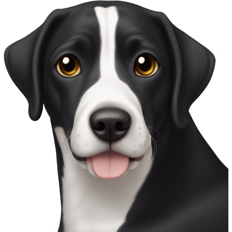 a Geman pointer dog with a dark black coat and white markings (white belly, feet, and tail tip), no black spots on white markings. Head is almost black with small white area on the snout adjacent to the nose. emoji