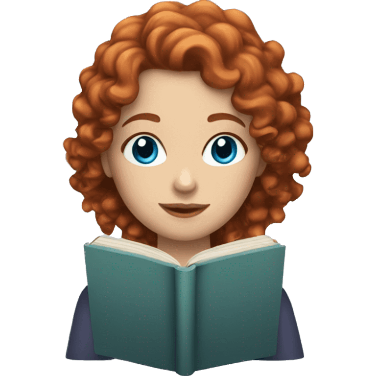 white woman with curly red hair blue eyes and a book emoji