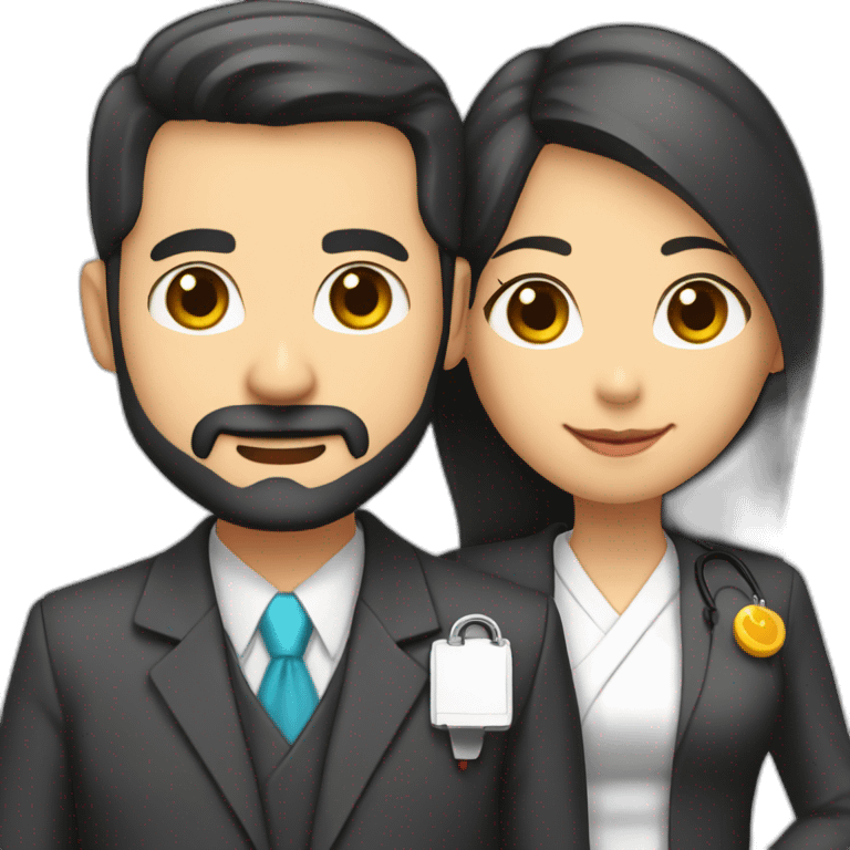 husband american 55 dark hair trimmed beard business suit pastor holding bible, wife asian age 55 black shoulder length hair wearing nurse, no children emoji