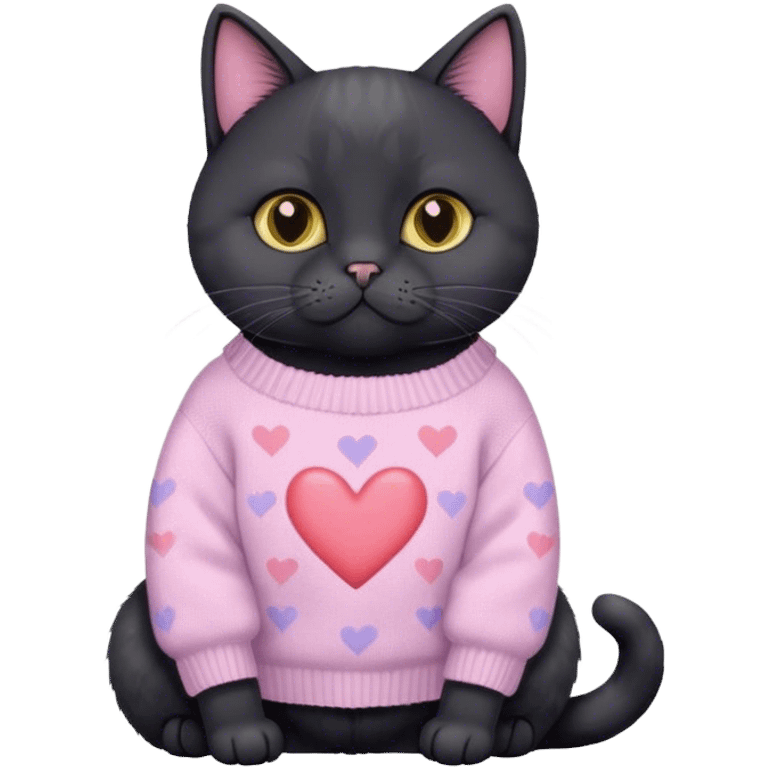 cute black british cat sitting 
 in a cute pastel sweater with hearts emoji