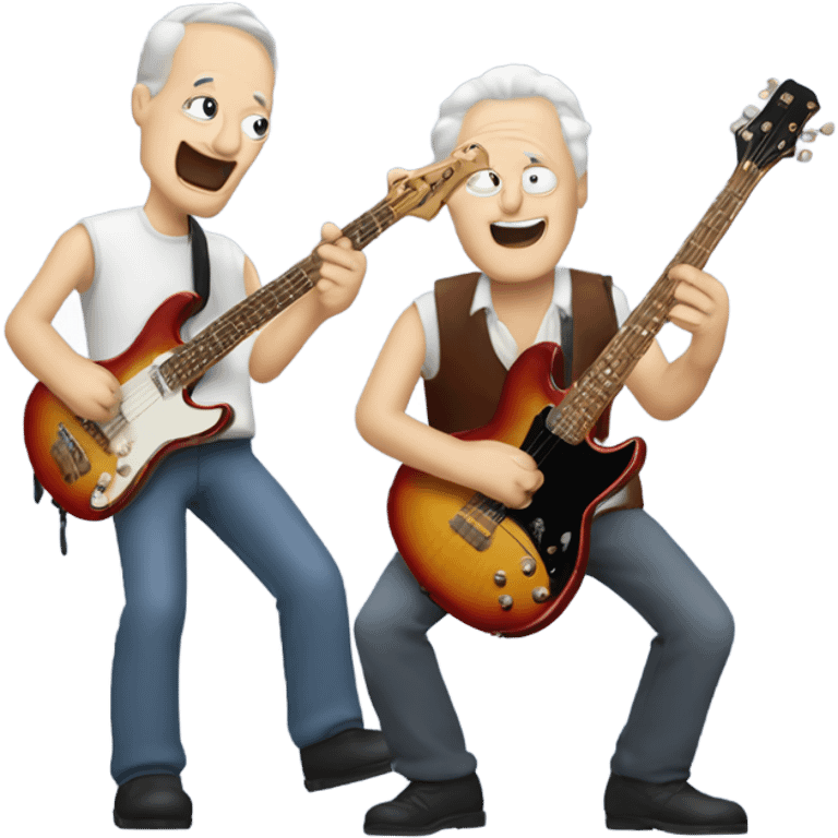 Three older white musicians jamming. one on a Gibson guitar, one on a Fender bass and one on a drum emoji