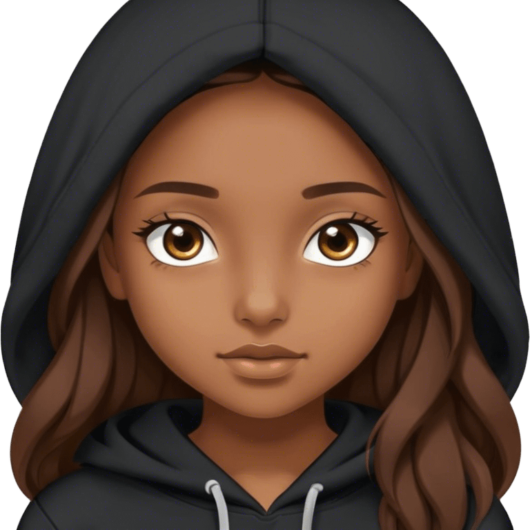 Brownskin pretty girl with black essentials hoodie with long brown hair brown eyes emoji