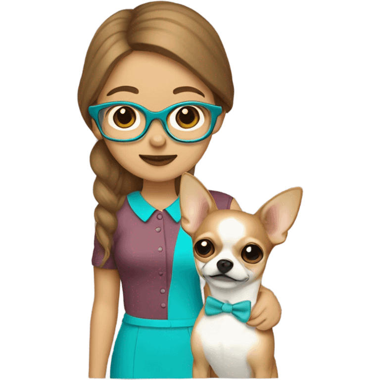 Lady with brown jair, eye glasses and brackets, light skin, with her chihuahua, blond male chichi agua emoji