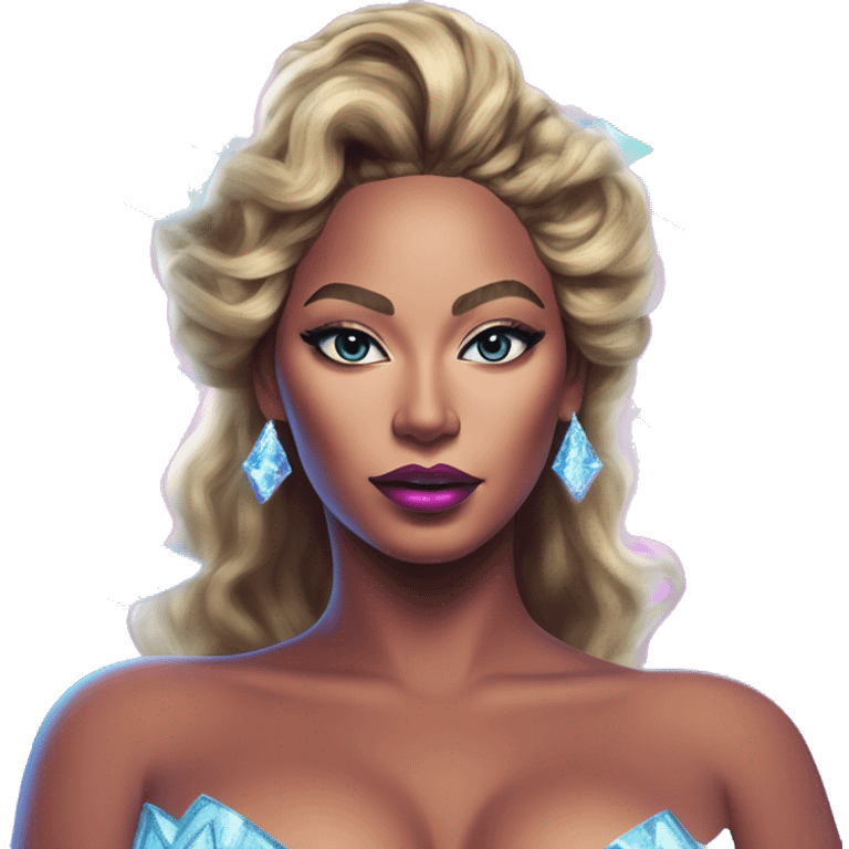 Synthwave Beyoncé in Elsa style, oil paint, epic eyes, intricate lips, exquisite pose, beautiful, desirable, logical emoji