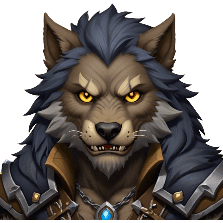 Cinematic Realistic WoW Worgen Portrait, depicted as a fearsome blend of man and beast, with rugged, dark fur intermingling with tanned, weathered skin. His piercing amber eyes and fierce expression are framed by disheveled hair and subtly detailed, worn leather attire in dark, consistent hues. Rendered with lifelike texture and dramatic, natural lighting, high shine, noble and formidable, capturing the primal nobility of a legendary worgen warrior. emoji