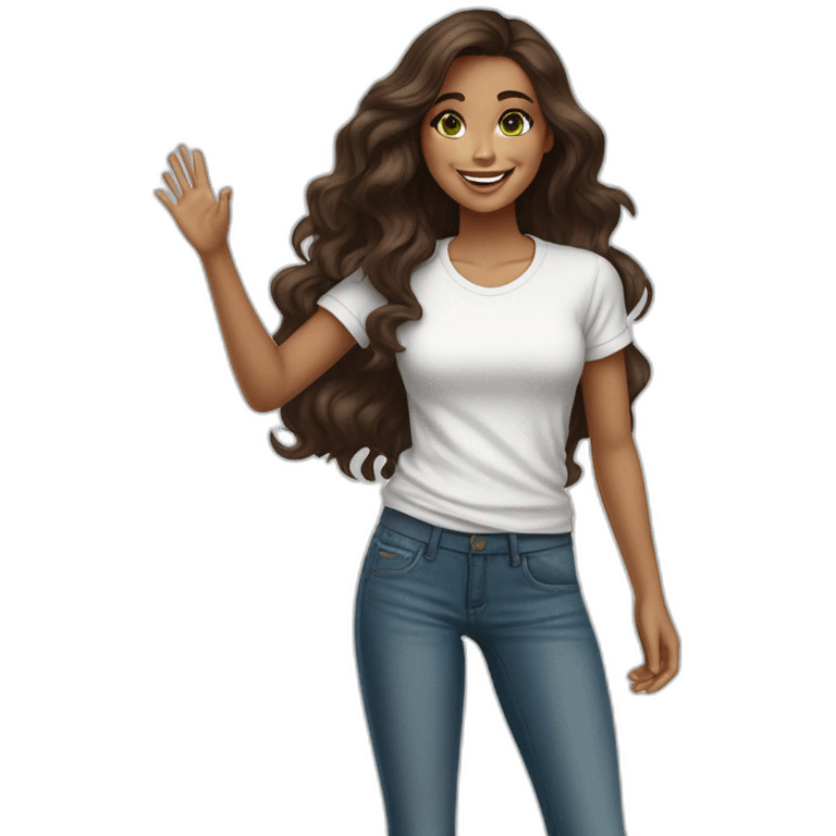 beautiful girl, white, with wavy dark brown hair, green brown eyes, smiles at the camera and waves her hand, standing, good teeth, white t shirt, blue jeans, sneakers, very realistic drawing emoji