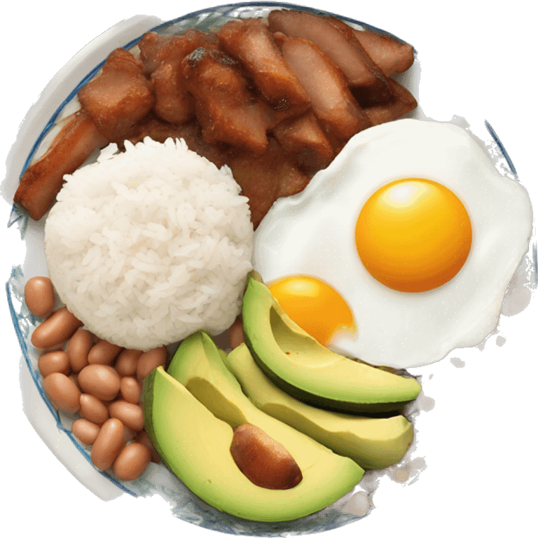 A plate with beans, rice, egg, avocado, and fried pork belly emoji