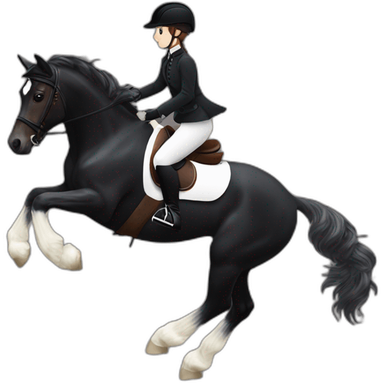 a  JRT BLACK HORSE JUMPING AN OBTACLE, THE HORSE HAS A WHITE BLAZE AND THREE WHITE SOCKS. tHE HORSES RIDER IS A YOUNG FEMALE WITH LONG CURLY BRUNNET HAIR emoji