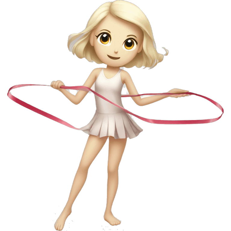 a pale girl doing rhythmic gymnastics with a stick and ribbon in hands  full body image emoji