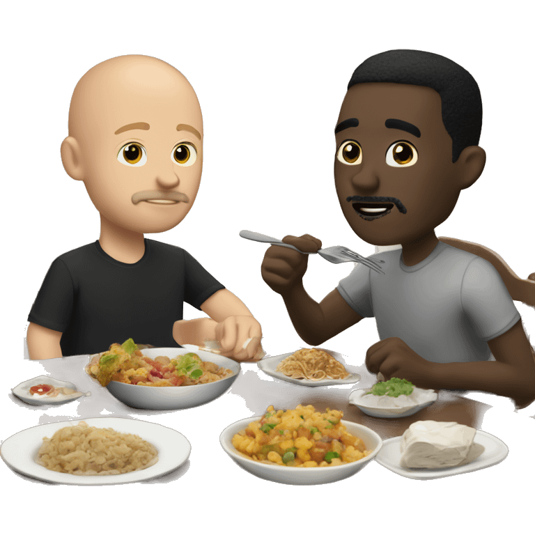 Black bald guy with short facial hair, eating at the dinner table with white guy and black hair ￼￼ emoji