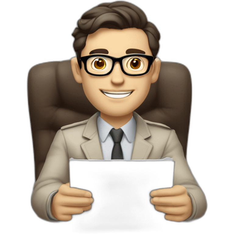 Pale skinned Fit Man With dark brown hair in gray jacket, beige office shirt and vintage glasses sitting In a soft chair with a notebook with emblem Ψ and a pen in his hands emoji