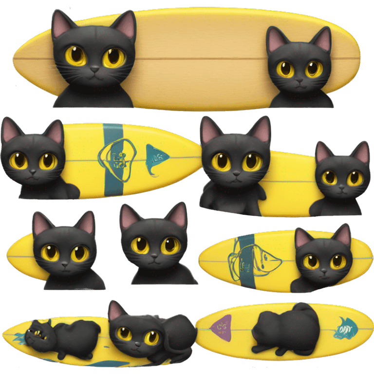 Black cat with yellow eyes and it's riding a surf board emoji