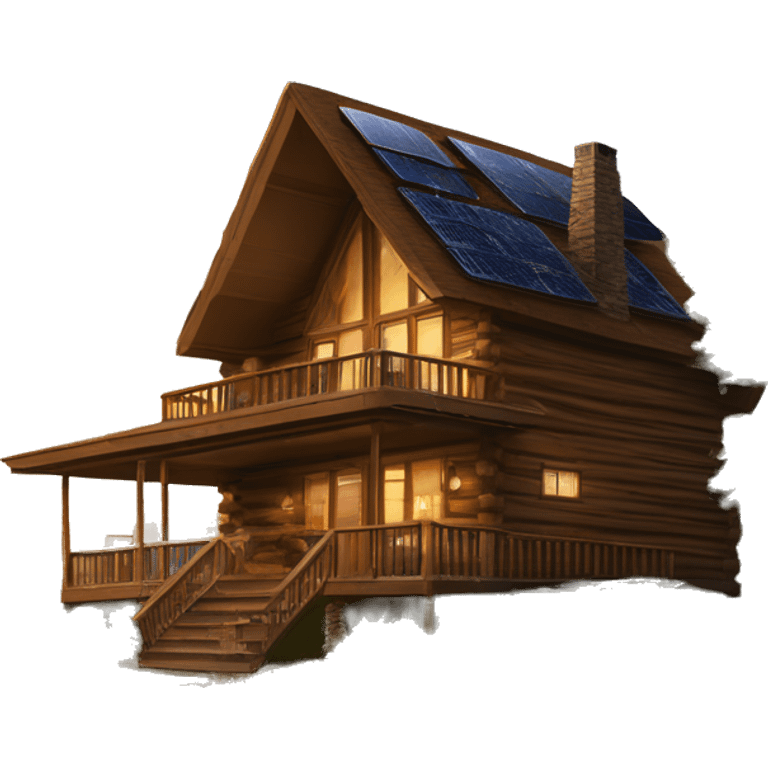 Skywalker Cabin is a very Very big Wood Cabin near tree on the mountain in the background. The cabin is 5 stories tall with extensive solar arrays on top. The cabin sits on thick grass fields. porch lights on ,guests on porch smoking ,flowers and bushes  emoji