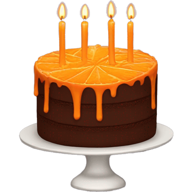 chocolate cake with orange icing on top and candles emoji