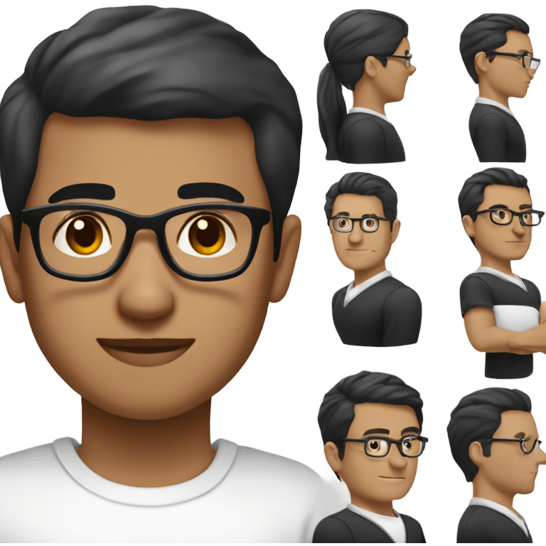 The image is a portrait of a young man wearing a black sweater and a white collared shirt. He has short, dark hair styled in a neat, slicked-back manner and is wearing round, silver-framed glasses.  emoji