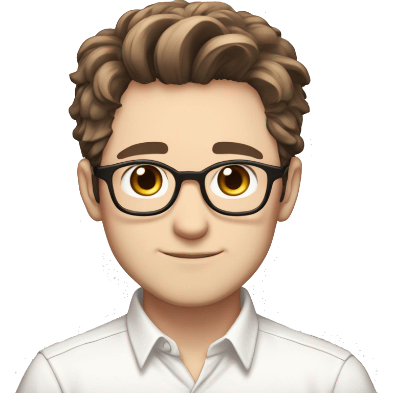 masterpiece, anime style, chibi, illustrated logo, medium short shot, 32 year old man, oval face, brown hair, glasses, brown eyes, white skin, white shirt, short hair
 emoji