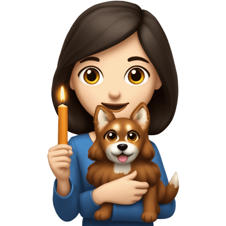 White girl with long wavier dark brown hair holding a menorah for Hanukkah with her fox lookalike dog  emoji