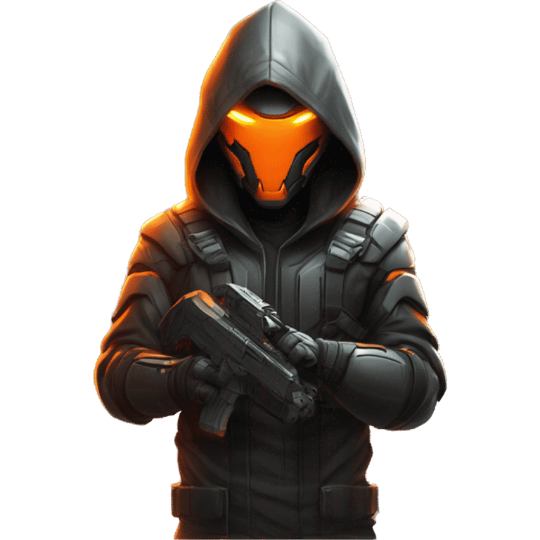  developer behind his laptop with this style : crysis Cyberpunk Valorant orange glowing bright orange character orange black hooded assassin themed character emoji