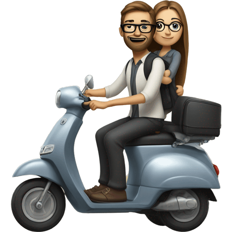 Boy with long hair, beard, and glasses, riding a black scooter with a girl on the back wearing glasses and trousers and blouse  emoji