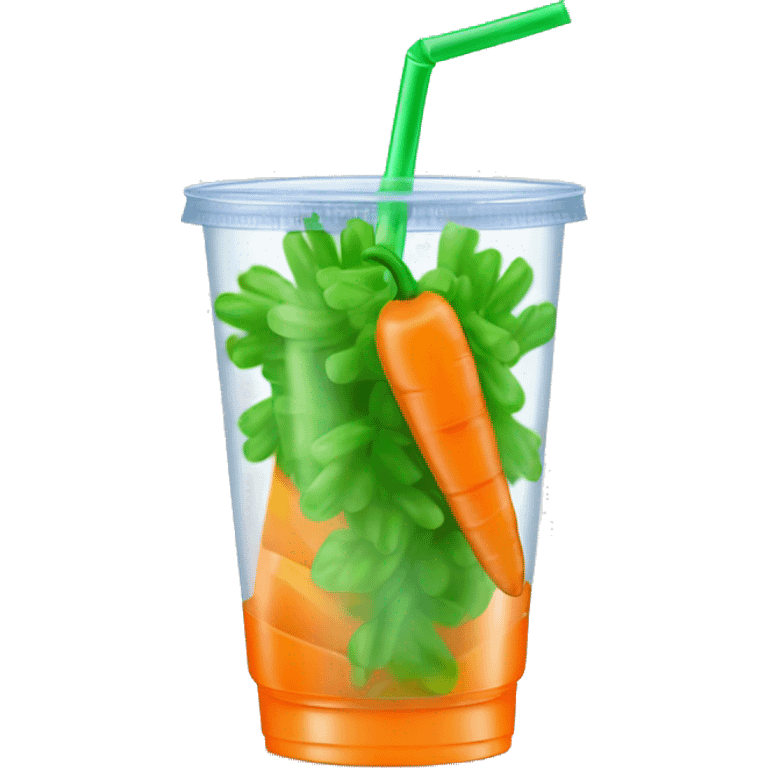 Realistic clear plastic cup half full of orange Transluscent soda with mini carrots floating inside the cup and green curly straw through the top. emoji