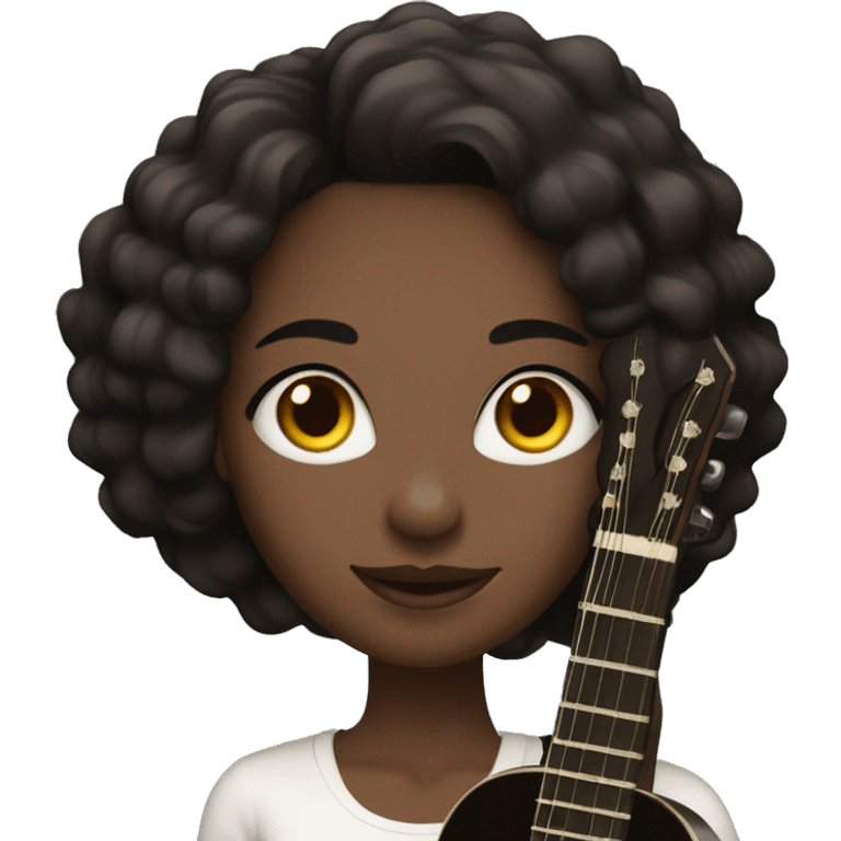 A woman of 25 years old, dark hair, ebony skin, with a jazz guitar white emoji