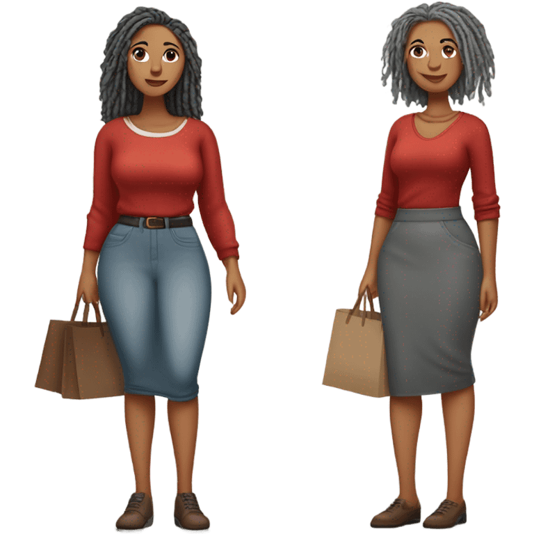 1st Curvy woman gray locs wearing pants  2nd curvy woman is brown with red locs in a knee-length skirt with a cozy sweater shopping emoji