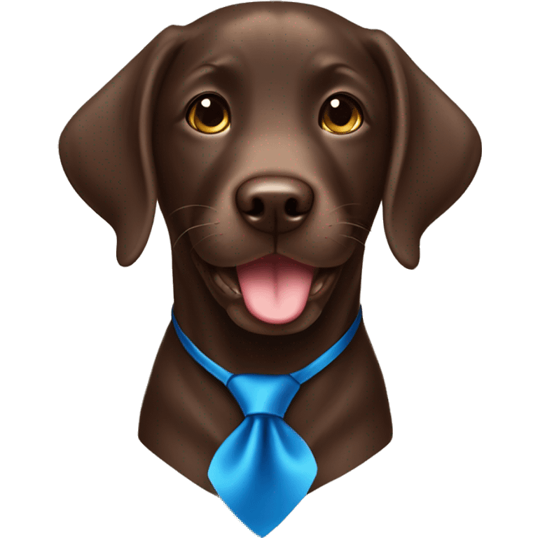 a chocolate labrador boy with a big smile and happy eyes wearing a blue tie  emoji