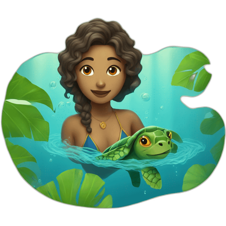 Indian woman with wavy hair swimming with a turtle emoji